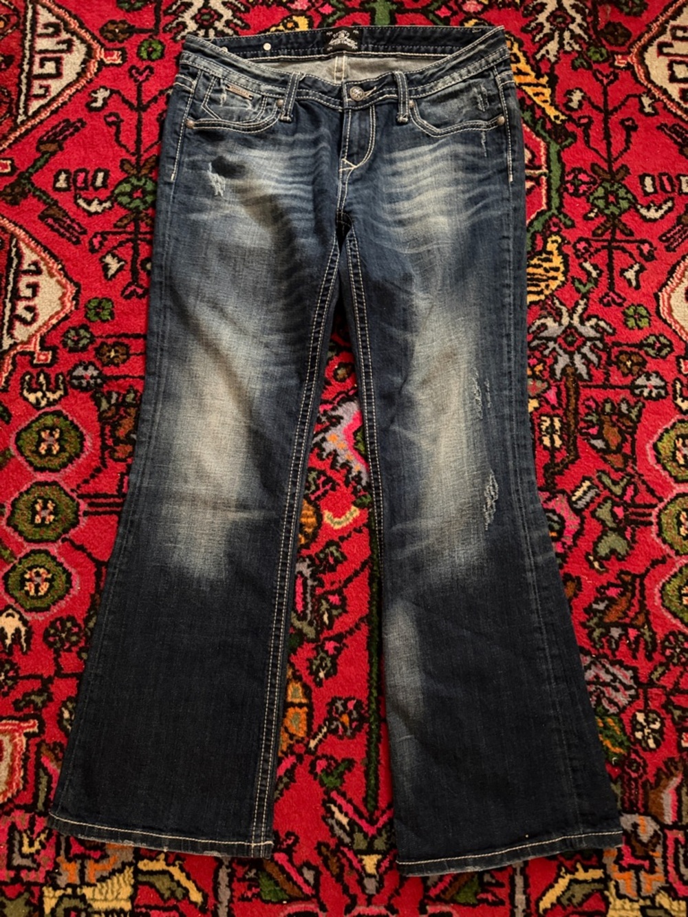 Women's Dark Blue Flare Jeans - Distressed Wide Leg